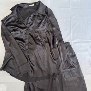 Ekouaer Woman's Size M Silk Style Pajamas Pants Button Down Black Sleepwear‎